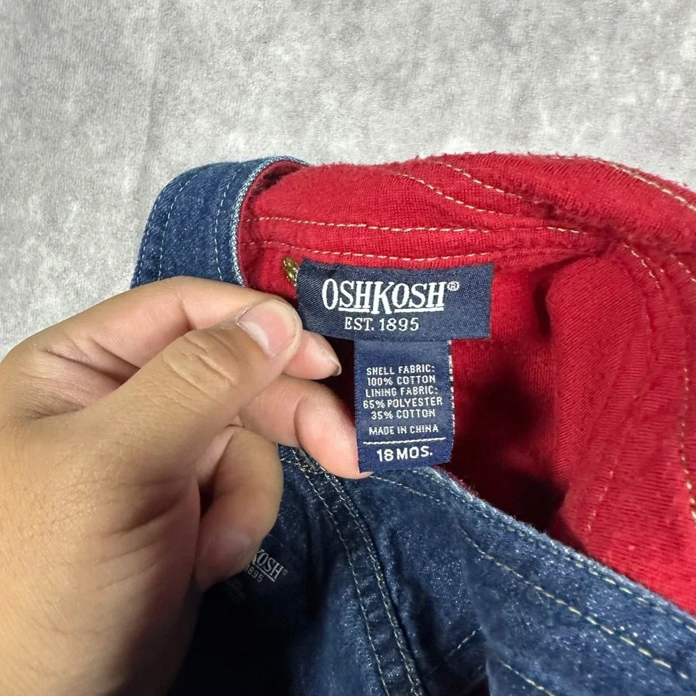 Vintage OshKosh Bgosh Kids 18M Blue Denim Red Lined Football Owl Overalls 90s